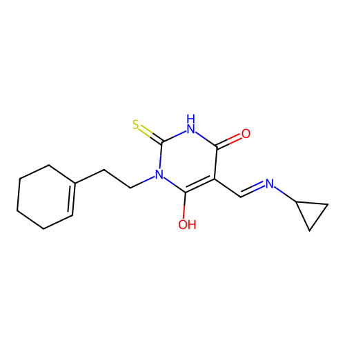 (5E)-1-[2-(cyclohex-1-en-1-yl)ethyl]-5-[(cyclopropylamino)methylidene]-2-sulfanylpyrimidine-4,6(1H,5H)-dione structure