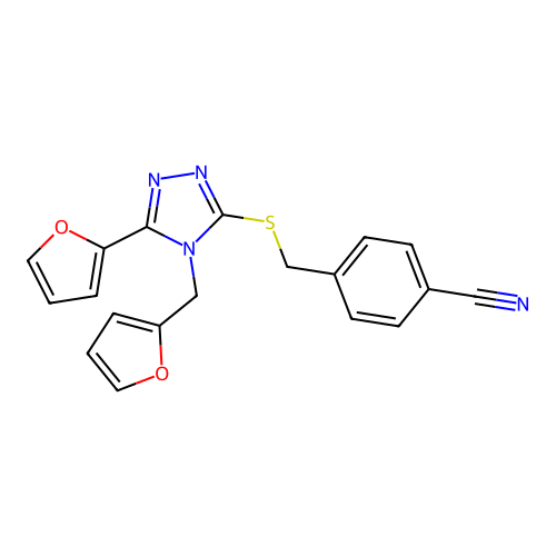 4-({[5-(furan-2-yl)-4-(furan-2-ylmethyl)-4H-1,2,4-triazol-3-yl]sulfanyl}methyl)benzonitrile structure