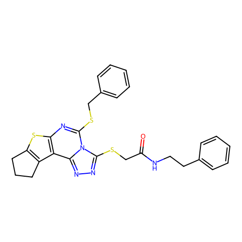 2-((5-(benzylthio)-9,10-dihydro-8H-cyclopenta[4,5]thieno[3,2-e][1,2,4]triazolo[4,3-c]pyrimidin-3-yl)thio)-N-phenethylacetamide structure