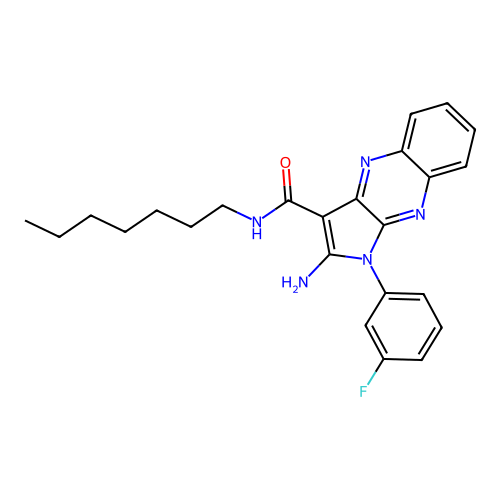 2-amino-1-(3-fluorophenyl)-N-heptyl-1H-pyrrolo[2,3-b]quinoxaline-3-carboxamide structure