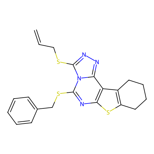 3-(allylthio)-5-(benzylthio)-8,9,10,11-tetrahydrobenzo[4,5]thieno[3,2-e][1,2,4]triazolo[4,3-c]pyrimidine structure
