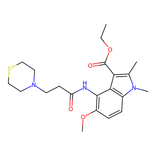 ethyl 5-methoxy-1,2-dimethyl-4-(3-thiomorpholin-4-ylpropanoylamino)indole-3-carboxylate structure