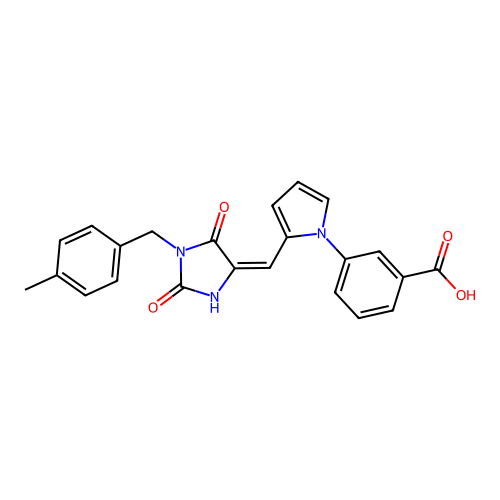 (E)-3-(2-((1-(4-methylbenzyl)-2,5-dioxoimidazolidin-4-ylidene)methyl)-1H-pyrrol-1-yl)benzoic acid structure