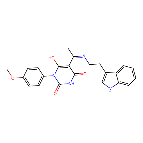 5-[1-[2-(1H-indol-3-yl)ethylamino]ethylidene]-1-(4-methoxyphenyl)-1,3-diazinane-2,4,6-trione structure