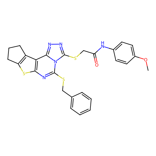 2-((5-(benzylthio)-9,10-dihydro-8H-cyclopenta[4,5]thieno[3,2-e][1,2,4]triazolo[4,3-c]pyrimidin-3-yl)thio)-N-(4-methoxyphenyl)acetamide structure