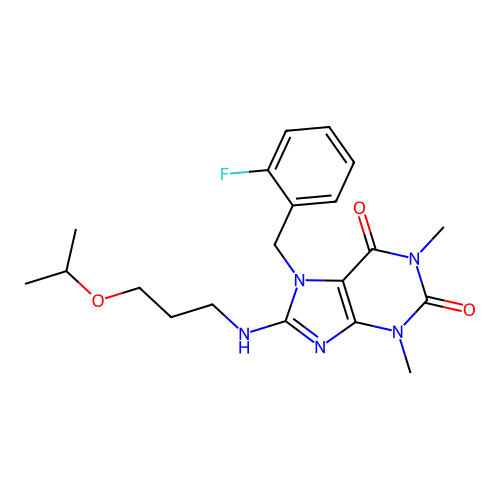 7-[(2-fluorophenyl)methyl]-1,3-dimethyl-8-(3-propan-2-yloxypropylamino)purine-2,6-dione structure