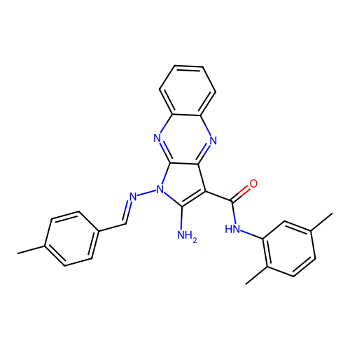 (E)-2-amino-N-(2,5-dimethylphenyl)-1-((4-methylbenzylidene)amino)-1H-pyrrolo[2,3-b]quinoxaline-3-carboxamide structure