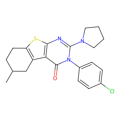 3-(4-chlorophenyl)-6-methyl-2-(pyrrolidin-1-yl)-5,6,7,8-tetrahydro[1]benzothieno[2,3-d]pyrimidin-4(3H)-one structure