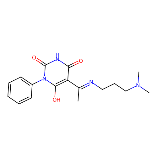 (E)-5-(1-((3-(dimethylamino)propyl)amino)ethylidene)-1-phenylpyrimidine-2,4,6(1H,3H,5H)-trione structure