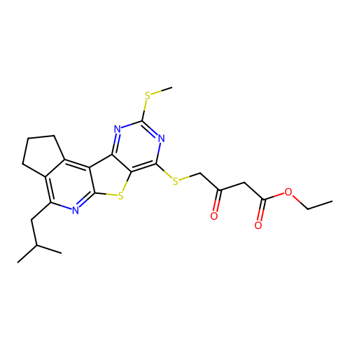ethyl 4-((4-isobutyl-9-(methylthio)-2,3-dihydro-1H-cyclopenta[4',5']pyrido[3',2':4,5]thieno[3,2-d]pyrimidin-7-yl)thio)-3-oxobutanoate structure