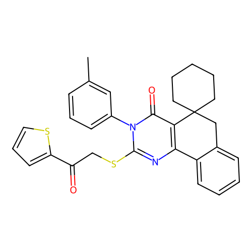 2-((2-oxo-2-(thiophen-2-yl)ethyl)thio)-3-(m-tolyl)-3H-spiro[benzo[h]quinazoline-5,1'-cyclohexan]-4(6H)-one structure