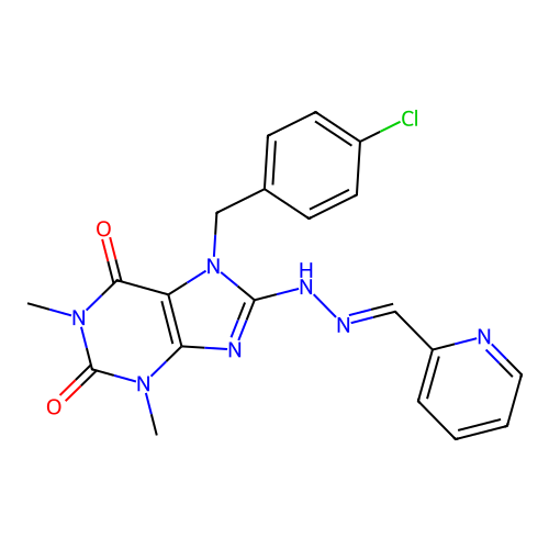 (E)-7-(4-chlorobenzyl)-1,3-dimethyl-8-(2-(pyridin-2-ylmethylene)hydrazinyl)-1H-purine-2,6(3H,7H)-dione structure