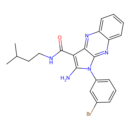 2-amino-1-(3-bromophenyl)-N-(3-methylbutyl)-1H-pyrrolo[2,3-b]quinoxaline-3-carboxamide structure