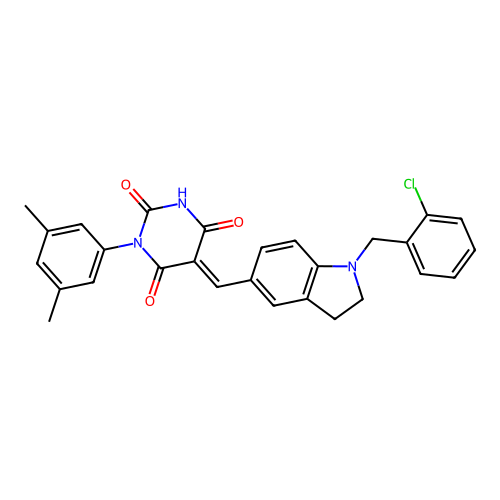 (5E)-5-[[1-[(2-chlorophenyl)methyl]-2,3-dihydroindol-5-yl]methylidene]-1-(3,5-dimethylphenyl)-1,3-diazinane-2,4,6-trione structure