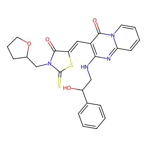 2-[(2-hydroxy-2-phenylethyl)amino]-3-{(Z)-[4-oxo-3-(tetrahydrofuran-2-ylmethyl)-2-thioxo-1,3-thiazolidin-5-ylidene]methyl}-4H-pyrido[1,2-a]pyrimidin-4-one structure