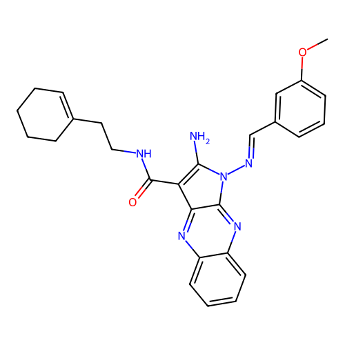 (E)-2-amino-N-(2-(cyclohex-1-en-1-yl)ethyl)-1-((3-methoxybenzylidene)amino)-1H-pyrrolo[2,3-b]quinoxaline-3-carboxamide structure