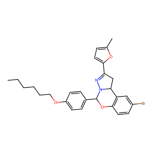 9-bromo-5-(4-(hexyloxy)phenyl)-2-(5-methylfuran-2-yl)-5,10b-dihydro-1H-benzo[e]pyrazolo[1,5-c][1,3]oxazine structure