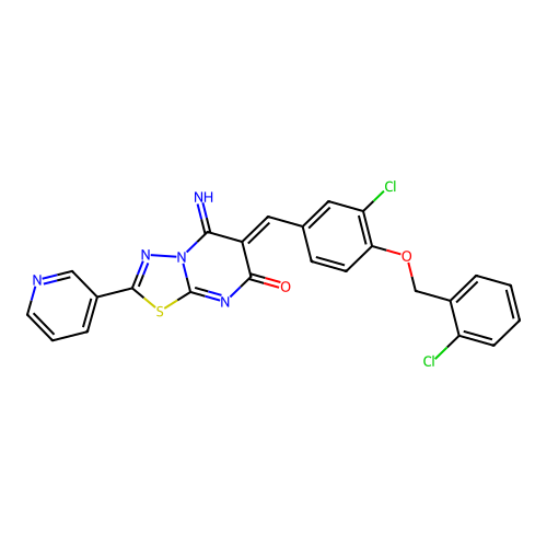 (6Z)-6-[[3-chloro-4-[(2-chlorophenyl)methoxy]phenyl]methylidene]-5-imino-2-pyridin-3-yl-[1,3,4]thiadiazolo[3,2-a]pyrimidin-7-one structure