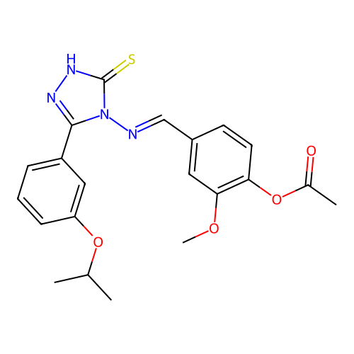 (E)-4-(((3-(3-isopropoxyphenyl)-5-mercapto-4H-1,2,4-triazol-4-yl)imino)methyl)-2-methoxyphenyl acetate structure