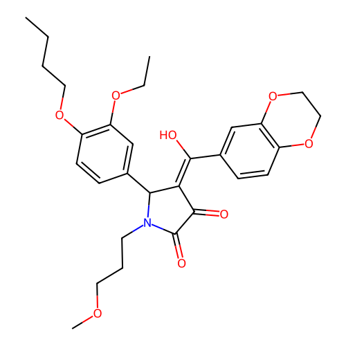 (4E)-5-(4-butoxy-3-ethoxyphenyl)-4-[2,3-dihydro-1,4-benzodioxin-6-yl(hydroxy)methylidene]-1-(3-methoxypropyl)pyrrolidine-2,3-dione structure