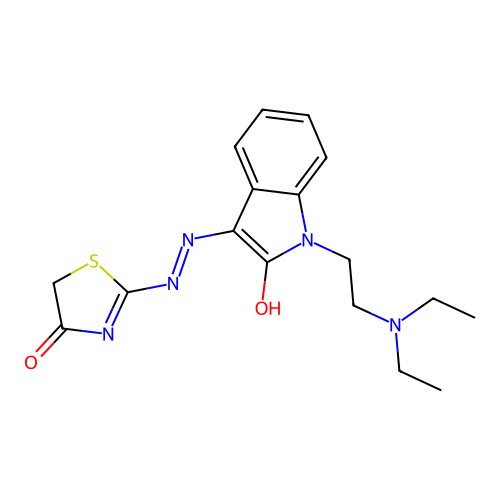(E)-2-((Z)-(1-(2-(diethylamino)ethyl)-2-oxoindolin-3-ylidene)hydrazono)thiazolidin-4-one structure