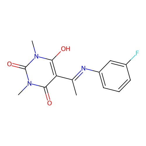 5-(1-((3-fluorophenyl)amino)ethylidene)-1,3-dimethylpyrimidine-2,4,6(1H,3H,5H)-trione structure