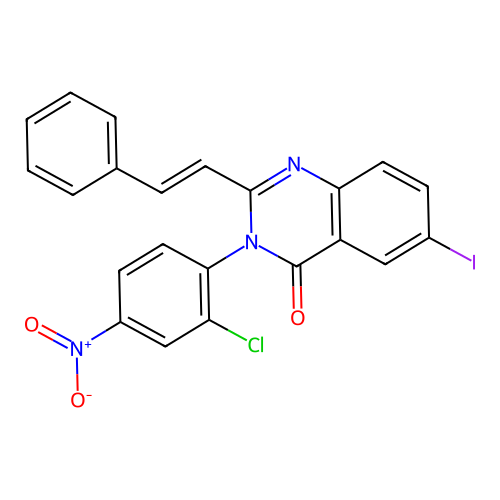 3-(2-chloro-4-nitrophenyl)-6-iodo-2-[(E)-2-phenylethenyl]quinazolin-4(3H)-one structure