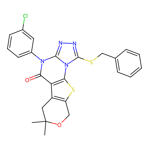 1-(benzylsulfanyl)-4-(3-chlorophenyl)-7,7-dimethyl-6,9-dihydro-7H-pyrano[4',3':4,5]thieno[3,2-e][1,2,4]triazolo[4,3-a]pyrimidin-5(4H)-one structure