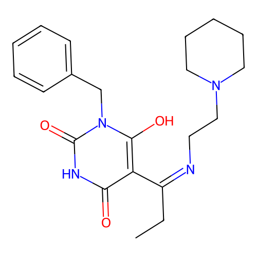(5E)-1-benzyl-5-[1-(2-piperidin-1-ylethylamino)propylidene]-1,3-diazinane-2,4,6-trione structure
