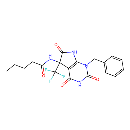 N-(1-benzyl-2,4,6-trioxo-5-(trifluoromethyl)-2,3,4,5,6,7-hexahydro-1H-pyrrolo[2,3-d]pyrimidin-5-yl)pentanamide structure