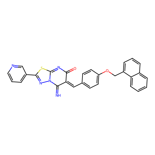 (6Z)-5-imino-6-[[4-(naphthalen-1-ylmethoxy)phenyl]methylidene]-2-pyridin-3-yl-[1,3,4]thiadiazolo[3,2-a]pyrimidin-7-one structure