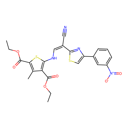 (Z)-diethyl 5-((2-cyano-2-(4-(3-nitrophenyl)thiazol-2-yl)vinyl)amino)-3-methylthiophene-2,4-dicarboxylate structure