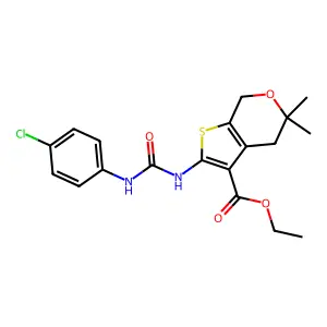 ethyl 2-[(4-chlorophenyl)carbamoylamino]-5,5-dimethyl-4,7-dihydrothieno[2,3-c]pyran-3-carboxylate structure
