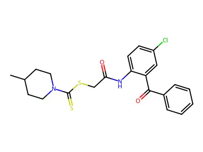 2-{[4-chloro-2-(phenylcarbonyl)phenyl]amino}-2-oxoethyl 4-methylpiperidine-1-carbodithioate structure