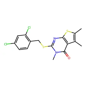 2-[(2,4-dichlorobenzyl)sulfanyl]-3,5,6-trimethylthieno[2,3-d]pyrimidin-4(3H)-one structure