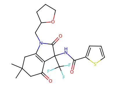 N-[6,6-dimethyl-2,4-dioxo-1-(oxolan-2-ylmethyl)-3-(trifluoromethyl)-5,7-dihydroindol-3-yl]thiophene-2-carboxamide structure