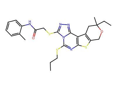 2-((10-ethyl-10-methyl-5-(propylthio)-10,11-dihydro-8H-pyrano[4',3':4,5]thieno[3,2-e][1,2,4]triazolo[4,3-c]pyrimidin-3-yl)thio)-N-(o-tolyl)acetamide structure