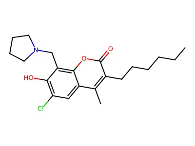 6-chloro-3-hexyl-7-hydroxy-4-methyl-8-(1-pyrrolidinylmethyl)-2H-chromen-2-one structure