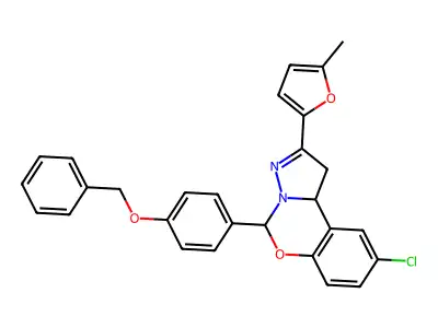 5-[4-(benzyloxy)phenyl]-9-chloro-2-(5-methylfuran-2-yl)-1,10b-dihydropyrazolo[1,5-c][1,3]benzoxazine structure
