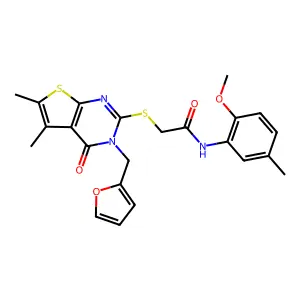 2-{[3-(furan-2-ylmethyl)-5,6-dimethyl-4-oxo-3,4-dihydrothieno[2,3-d]pyrimidin-2-yl]sulfanyl}-N-(2-methoxy-5-methylphenyl)acetamide structure