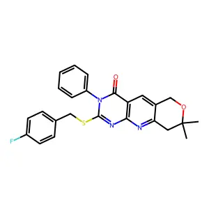 2-((4-fluorobenzyl)thio)-8,8-dimethyl-3-phenyl-8,9-dihydro-3H-pyrano[3',4':5,6]pyrido[2,3-d]pyrimidin-4(6H)-one structure