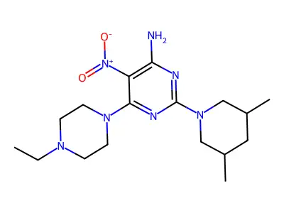 2-(3,5-dimethylpiperidin-1-yl)-6-(4-ethylpiperazin-1-yl)-5-nitropyrimidin-4-amine structure