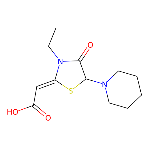 (2Z)-(3-Ethyl-4-oxo-5-piperidin-1-yl-1,3-thiazolidin-2-ylidene)acetic acid structure