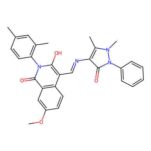 (Z)-4-(((1,5-dimethyl-3-oxo-2-phenyl-2,3-dihydro-1H-pyrazol-4-yl)amino)methylene)-2-(2,4-dimethylphenyl)-7-methoxyisoquinoline-1,3(2H,4H)-dione structure