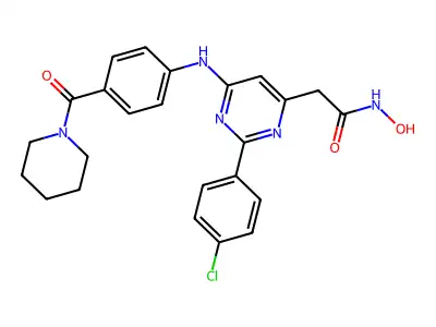 4-Pyrimidineacetamide, 2-(4-chlorophenyl)-N-hydroxy-6-((4-(1-piperidinylcarbonyl)phenyl)amino)- structure