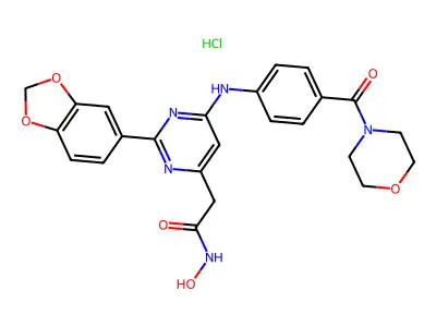 4-Pyrimidineacetamide, 2-(1,3-benzodioxol-5-yl)-N-hydroxy-6-((4-(4-morpholinylcarbonyl)phenyl)amino)-, monohydrochloride structure