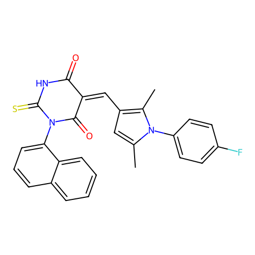 (5Z)-5-[[1-(4-fluorophenyl)-2,5-dimethylpyrrol-3-yl]methylidene]-1-naphthalen-1-yl-2-sulfanylidene-1,3-diazinane-4,6-dione structure