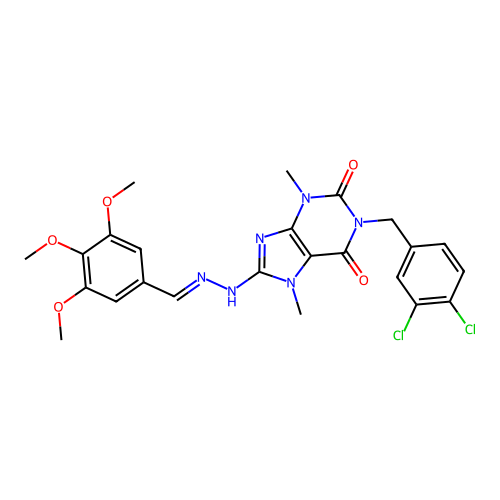 (E)-1-(3,4-dichlorobenzyl)-3,7-dimethyl-8-(2-(3,4,5-trimethoxybenzylidene)hydrazinyl)-1H-purine-2,6(3H,7H)-dione structure