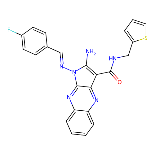 (E)-2-amino-1-((4-fluorobenzylidene)amino)-N-(thiophen-2-ylmethyl)-1H-pyrrolo[2,3-b]quinoxaline-3-carboxamide structure