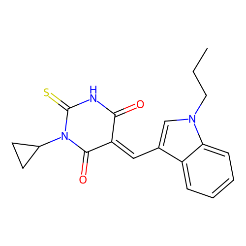 (5E)-1-cyclopropyl-5-[(1-propyl-1H-indol-3-yl)methylidene]-2-sulfanylpyrimidine-4,6(1H,5H)-dione structure